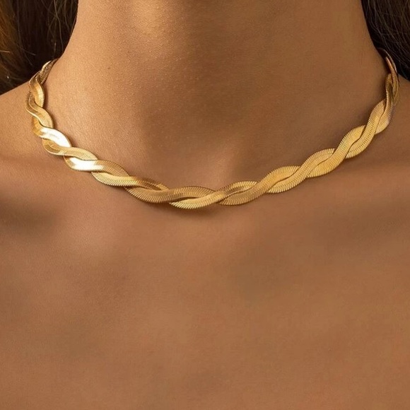 Gold Double Twisted Herringbone Snake Necklace-1 left - Picture 1 of 4